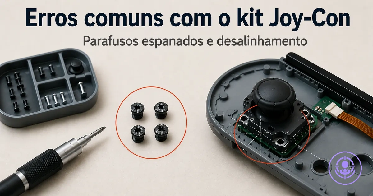 Erros comuns ao usar kit de reparo do drift do Joy-Con, como parafusos espanados e peças desalinhadas