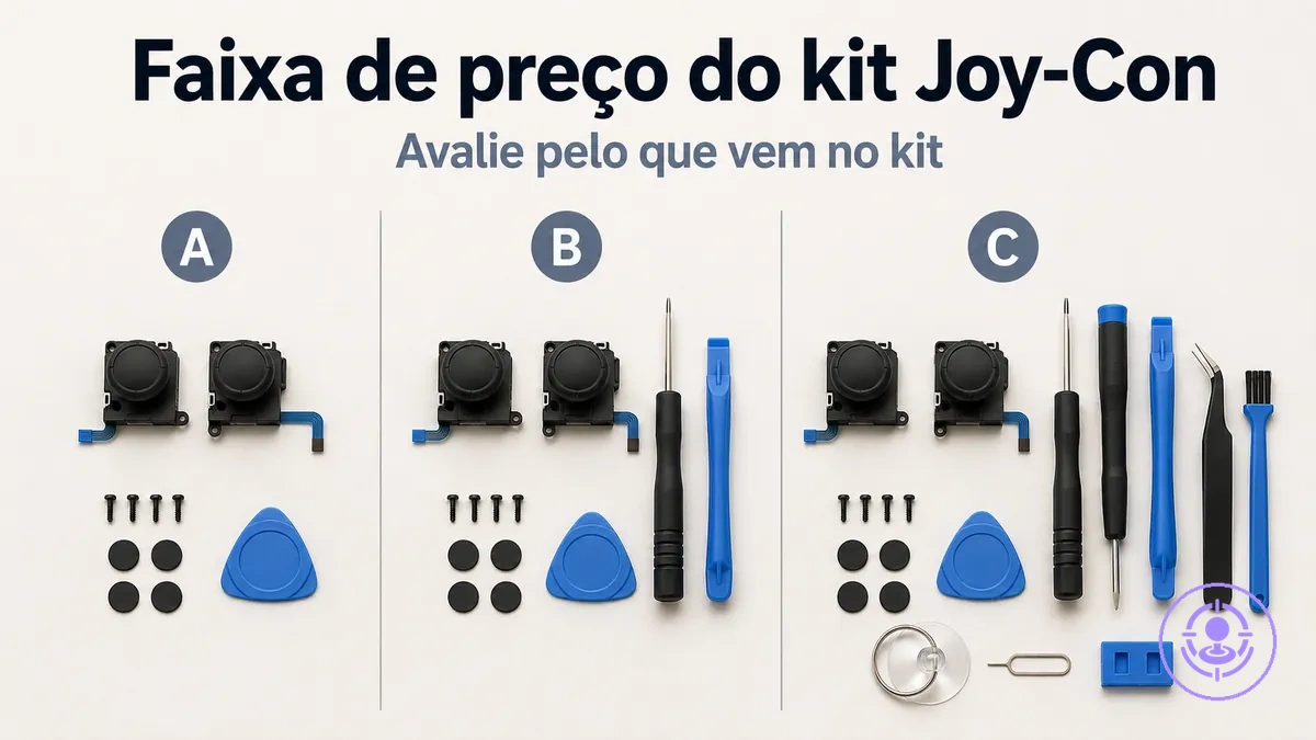 Kits de reparo do drift do Joy-Con com itens diferentes para mostrar como o conteúdo muda a faixa de preço