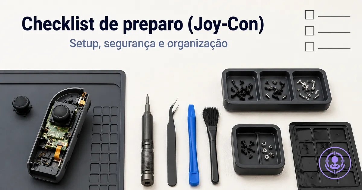 Bancada organizada para usar um kit de reparo do drift do Joy-Con com bandejas de parafusos e ferramentas