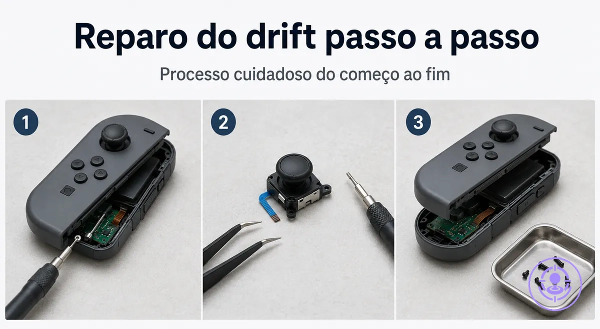 Etapas do reparo com kit de drift do Joy-Con mostrando abertura, troca de peças e remontagem