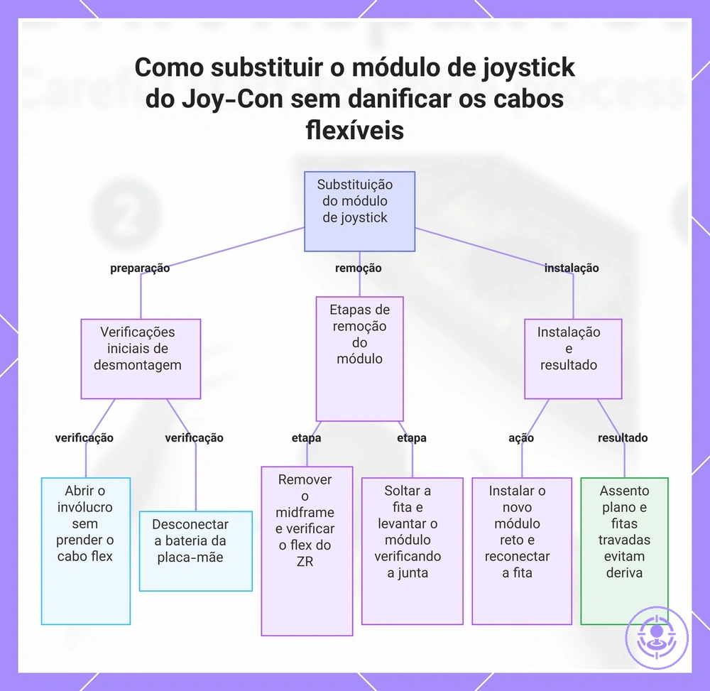 Como substituir o módulo de joystick do Joy-Con sem danificar os cabos flexíveis