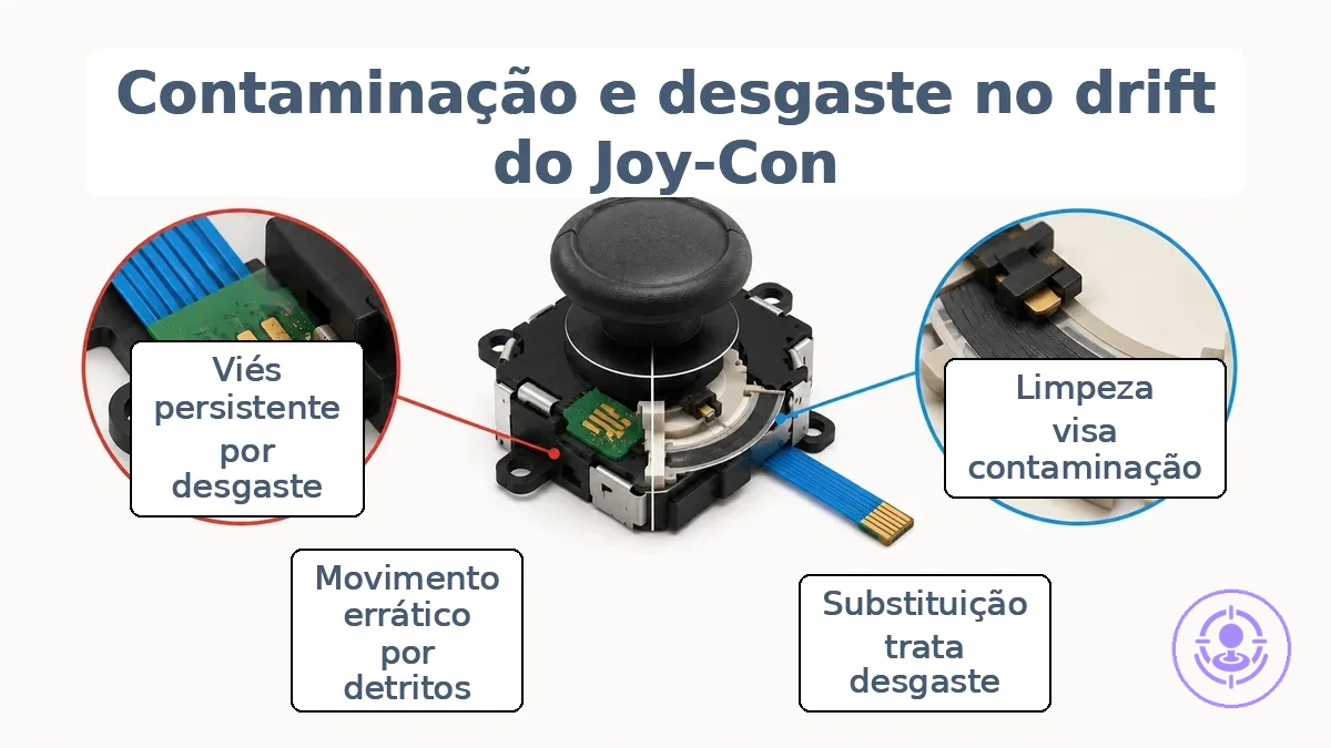 Diagrama de um módulo de joystick do Joy-Con mostrando uma área de contaminação perto das almofadas de contato rotulada como "limpeza afeta isso" e um ponto de desgaste na trilha resistiva rotulada como "substituição afeta isso"