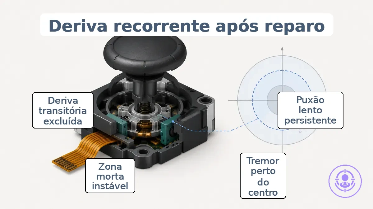 Diagrama da entrada do manete do Joy-Con mostrando centro enviesado e tremor com área de zona morta.