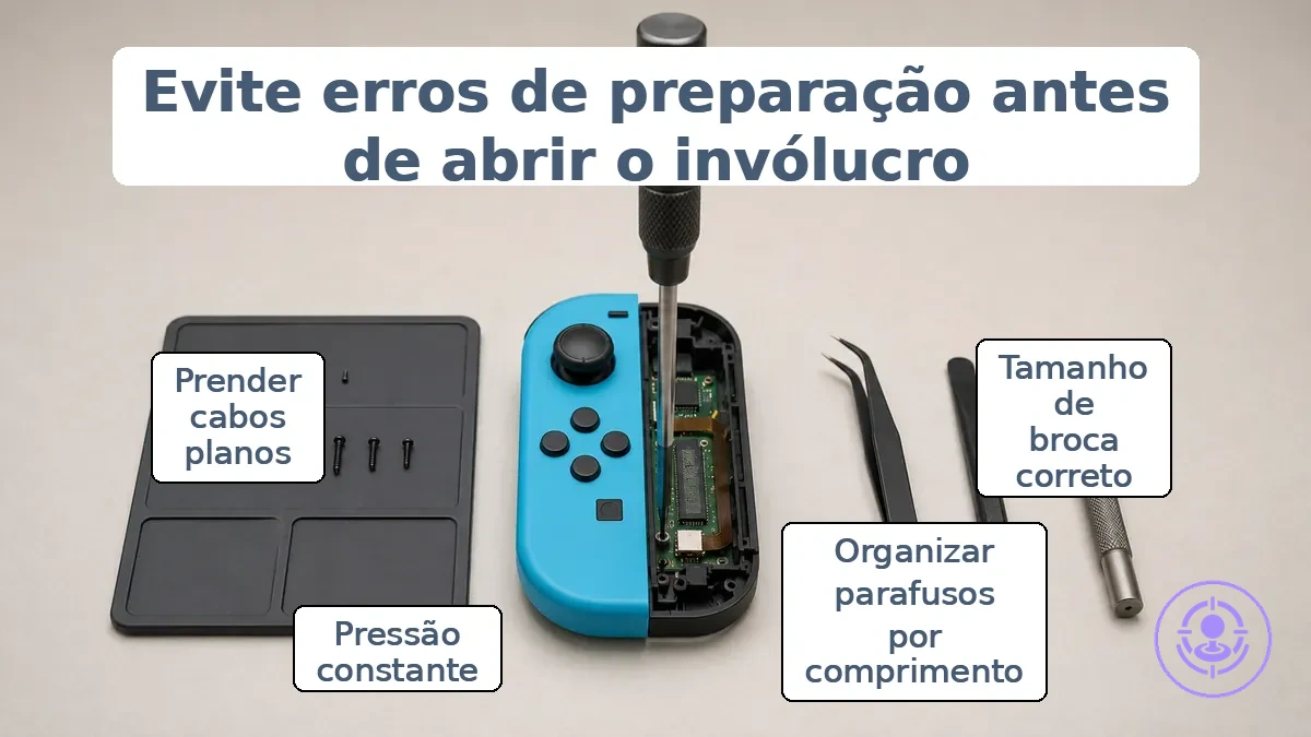 Preparação adequada para reparo do Joy-Con: ponta da chave encaixada corretamente e parafusos organizados por comprimento.