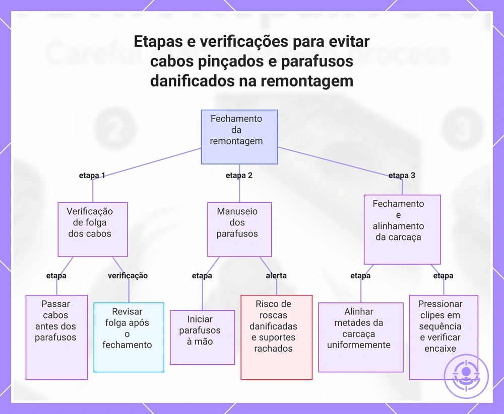 Etapas e verificações para evitar cabos pinçados e parafusos danificados na remontagem