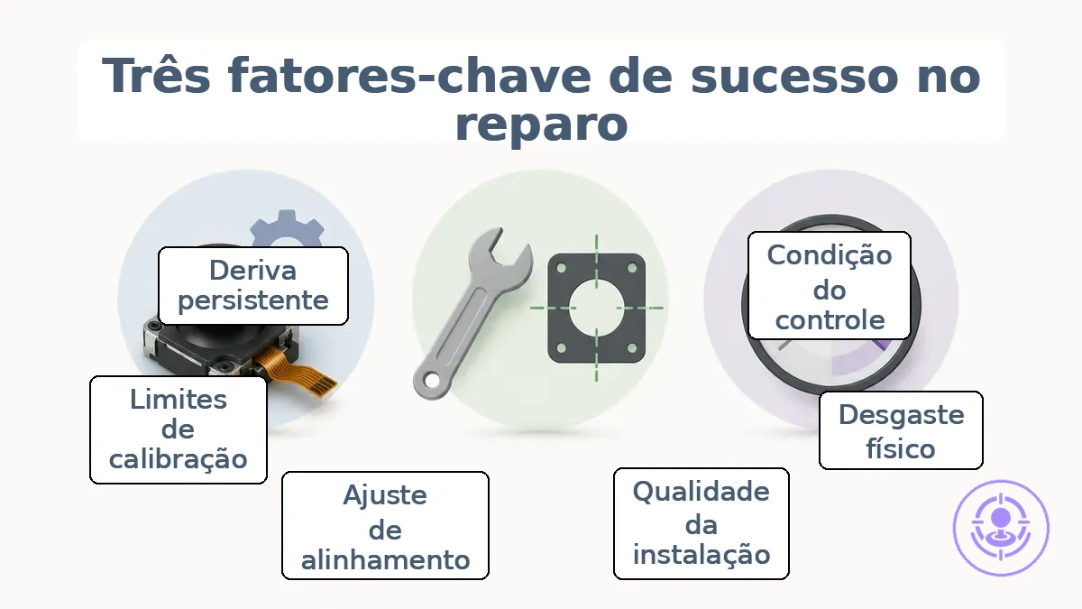 Fatores determinantes da taxa de sucesso para reparo do drift do Joy-Con: condição, qualidade da instalação e limites de calibração