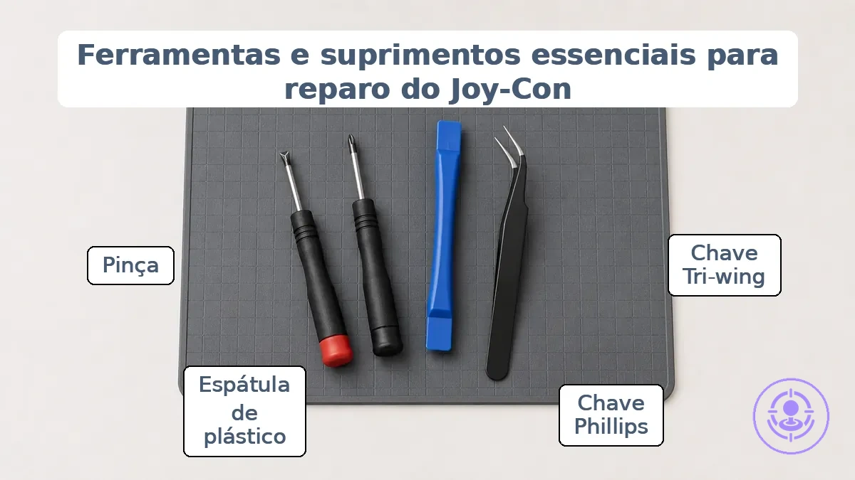 Ferramentas e suprimentos organizados para o reparo do Joy-Con