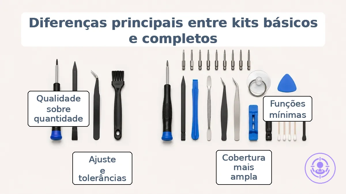 Exemplo rotulado mostrando componentes de kit básico vs kit completo de reparo do Joy-Con por função da ferramenta.