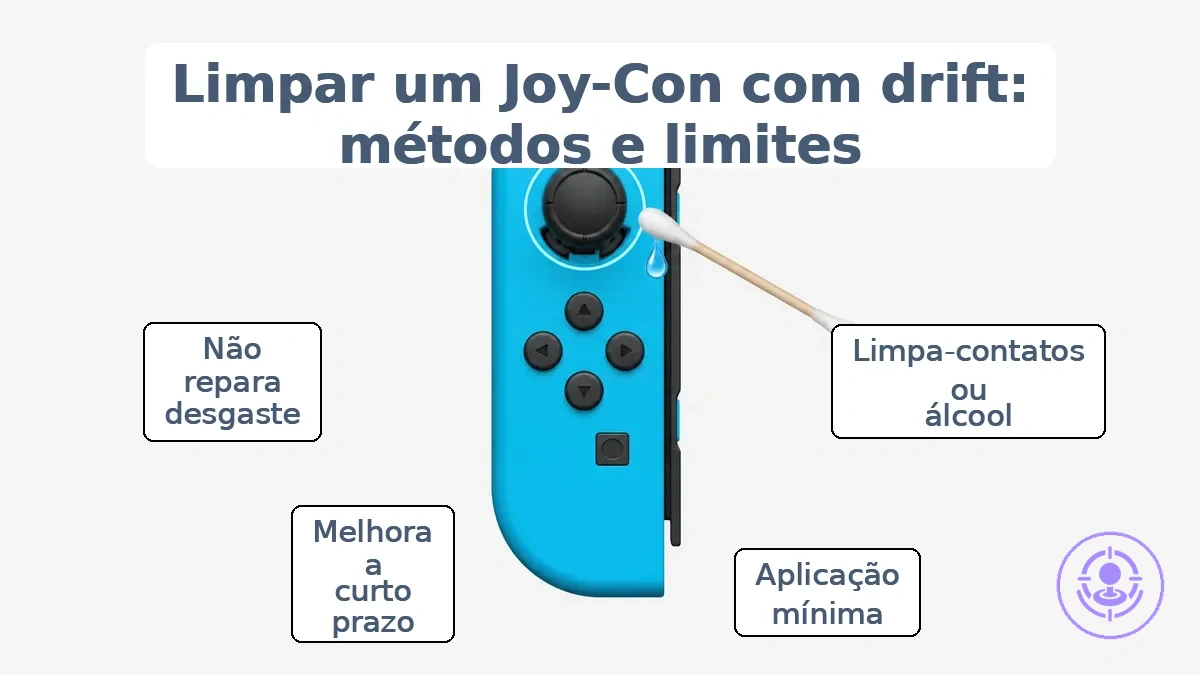 Joy-Con anotado mostrando a área do joystick para limpeza e orientação de aplicação mínima.