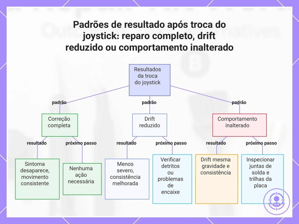 Padrões de resultado após troca do joystick: reparo completo, drift reduzido ou comportamento inalterado