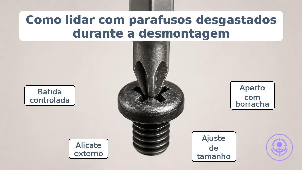 Exemplo anotado de uma cabeça de parafuso do Joy-Con começando a espanar e encaixe correto da ponta da chave.