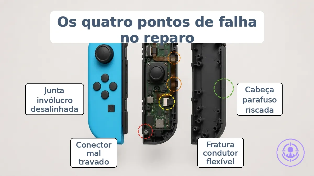 Diagrama indicando os pontos de contato do reparo do Joy-Con: cabeças de parafusos, cabo flat, trava do conector e encaixe da carcaça.