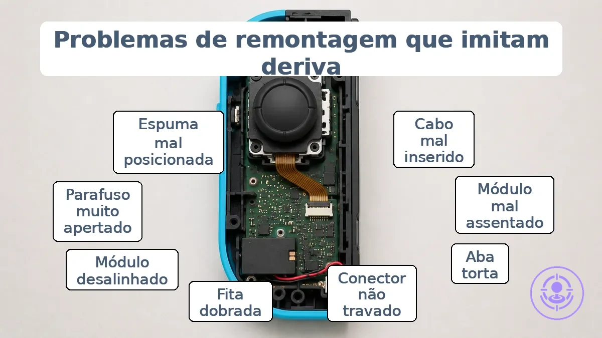 Diagrama anotado do interior do Joy-Con mostrando pontos de encaixe do módulo do joystick e do conector que podem simular drift após o reparo