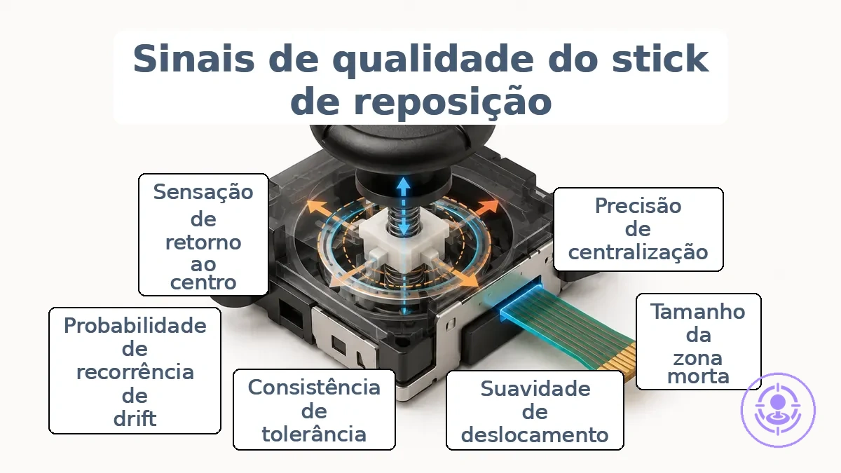 Módulo de joystick de reposição do Joy-Con legendado mostrando indicações de centralização e curso