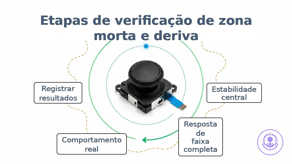 Diagrama ilustrando os testes de verificação de zona morta e drift após a instalação do kit de reparo.