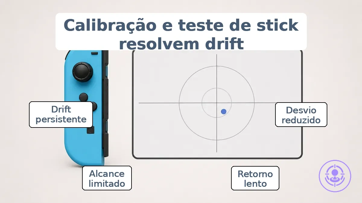 Exemplo de teste de stick anotado mostrando o ponto central do Joy-Con e leitura fora do centro após a substituição do joystick
