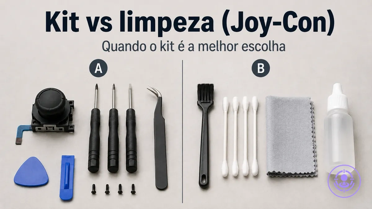 Kit de reparo do drift do Joy-Con ao lado de itens de limpeza para decidir quando trocar e quando limpar