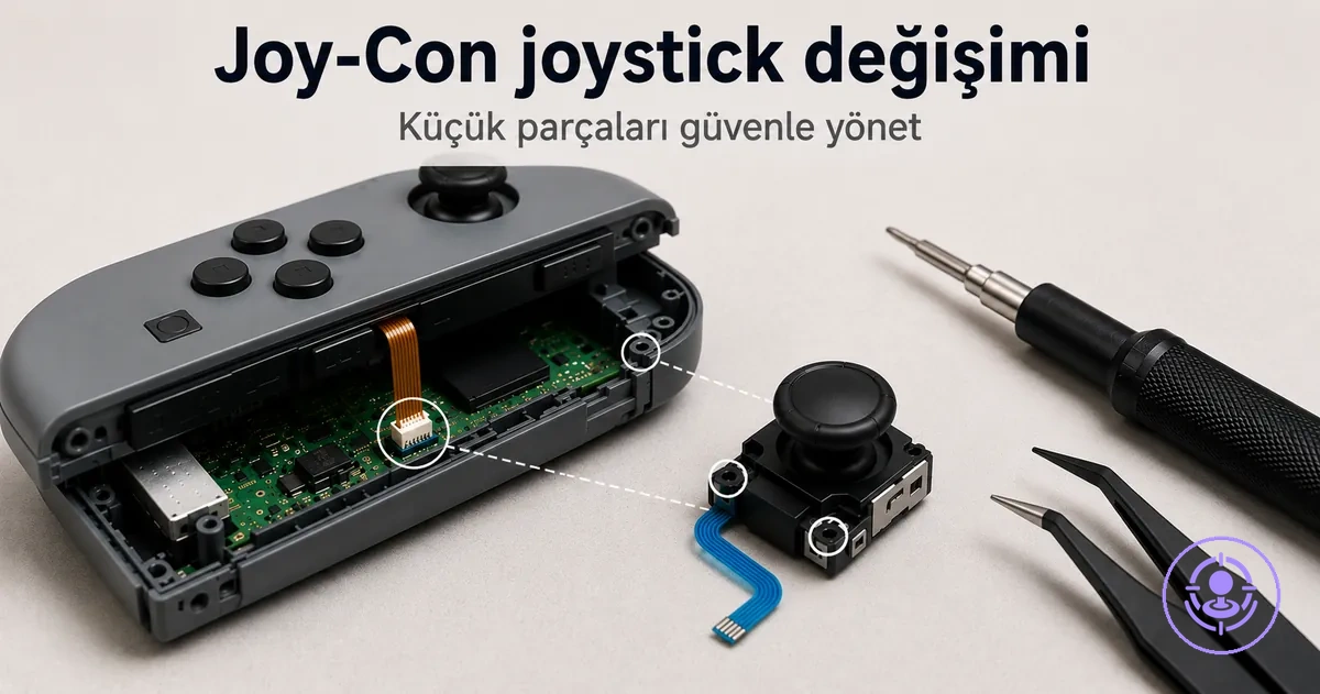 Joy-Con joystick değişimi; şerit kablo ve modül hizalamasını gösteren onarım kitiyle işlem