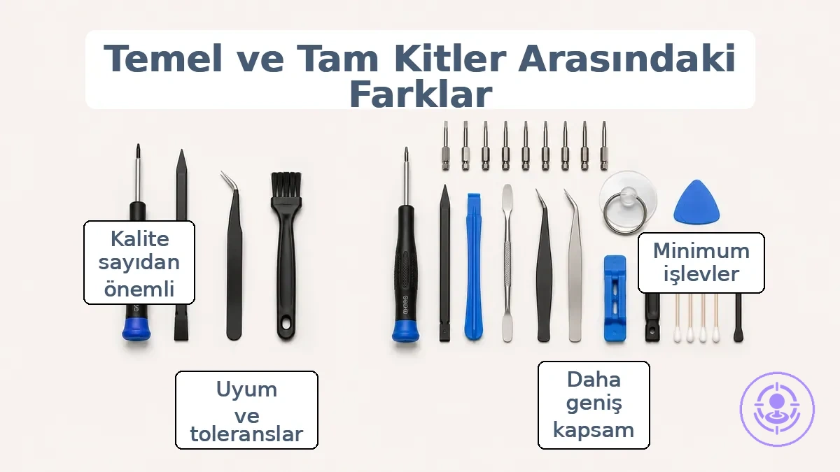 Temel ve tam Joy-Con onarım alet kiti bileşenlerini alet işine göre gösteren etiketli örnek.