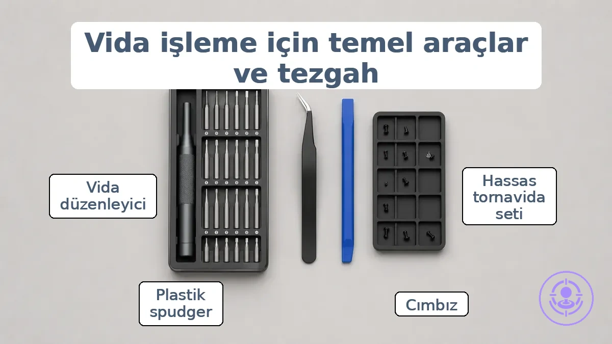 Organize edilmiş çalışma alanı araçları, Joy-Con joystick değişimi için vida tepsisi ve hassas tornavidaları gösteriyor.