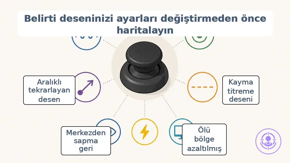 Joy-Con çubuk drifti, ölü bölge ve merkezden kayma sorunları için belirti deseni sınıflandırma kontrol listesi