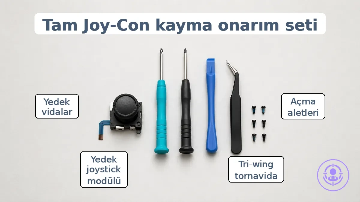 Tipik bir Joy-Con drift onarım kitinin bileşenleri: joystick modülleri, tri-wing tornavida, açma aletleri, cımbız ve parça tepsisi üzerinde küçük vidalar
