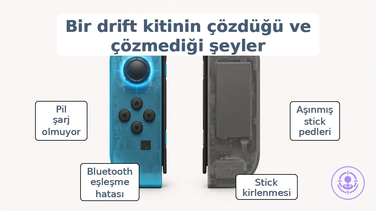 Kitin onarım kapsamındaki çubuk alanını ve kitin çözmediği sorunları gösteren açıklamalı Joy-Con görseli