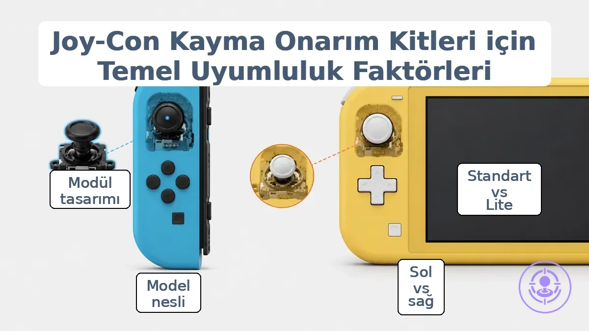 Switch kumandalarında Joy-Con drift onarım kitleri için uyumluluk temellerini gösteren işaretlenmiş görsel