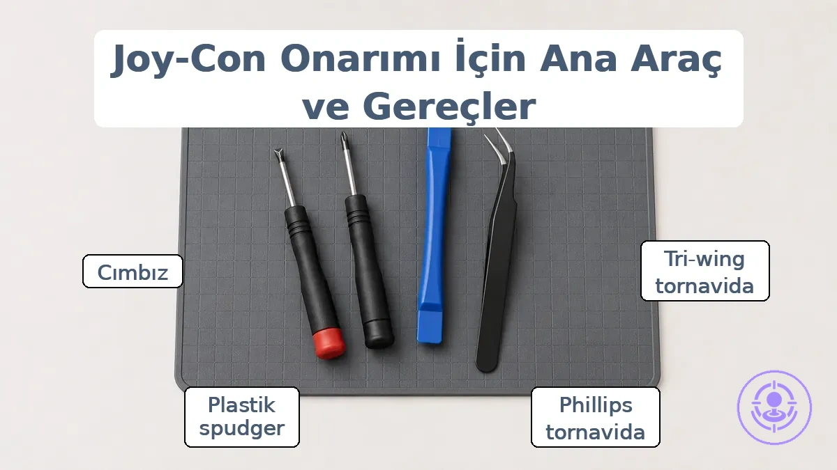 Joy-Con onarımı için hazırlanan aletler ve malzemeler