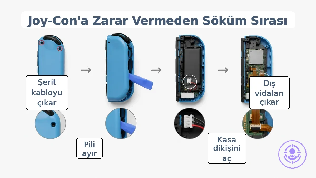 Joy-Con sökme sırası kontrol noktaları: dış vida konumları, kasa açma birleşim yeri, pil bağlantısı konumu ve şerit kablo alanı