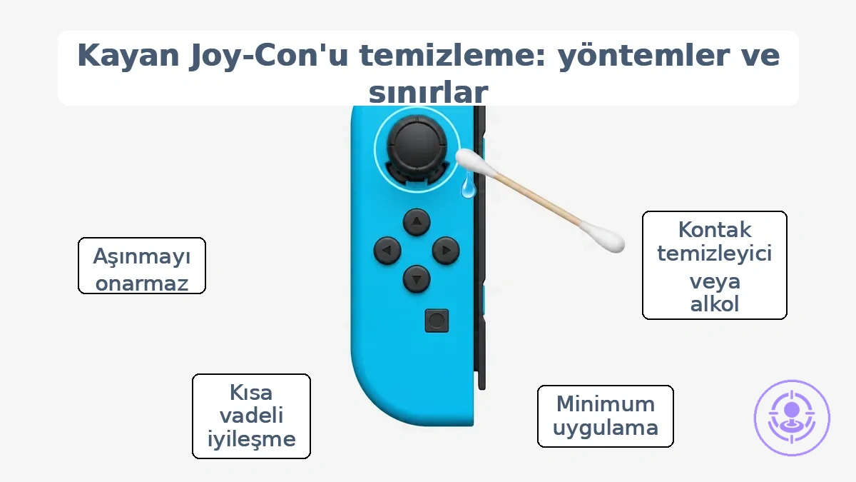 Temizlik için joystick alanını ve minimum uygulama prensibini gösteren işaretlenmiş Joy-Con