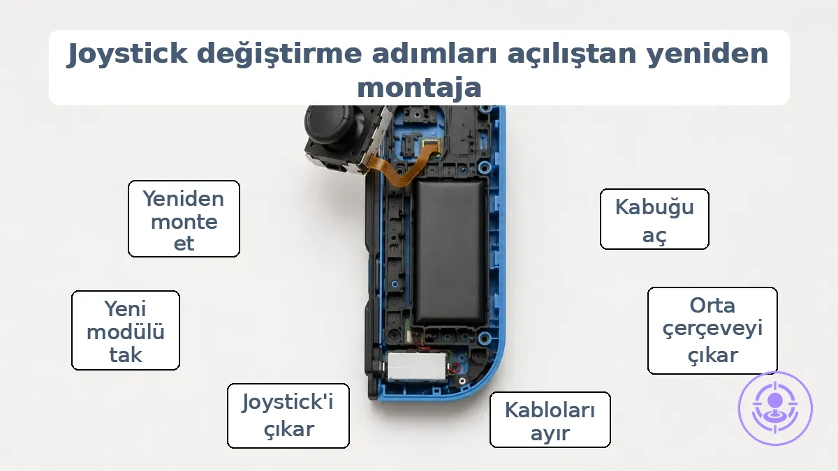 Joy-Con joystick modülü değişimi için kabuğu açmaktan yeniden montaja kadar adım adım aşamalar.