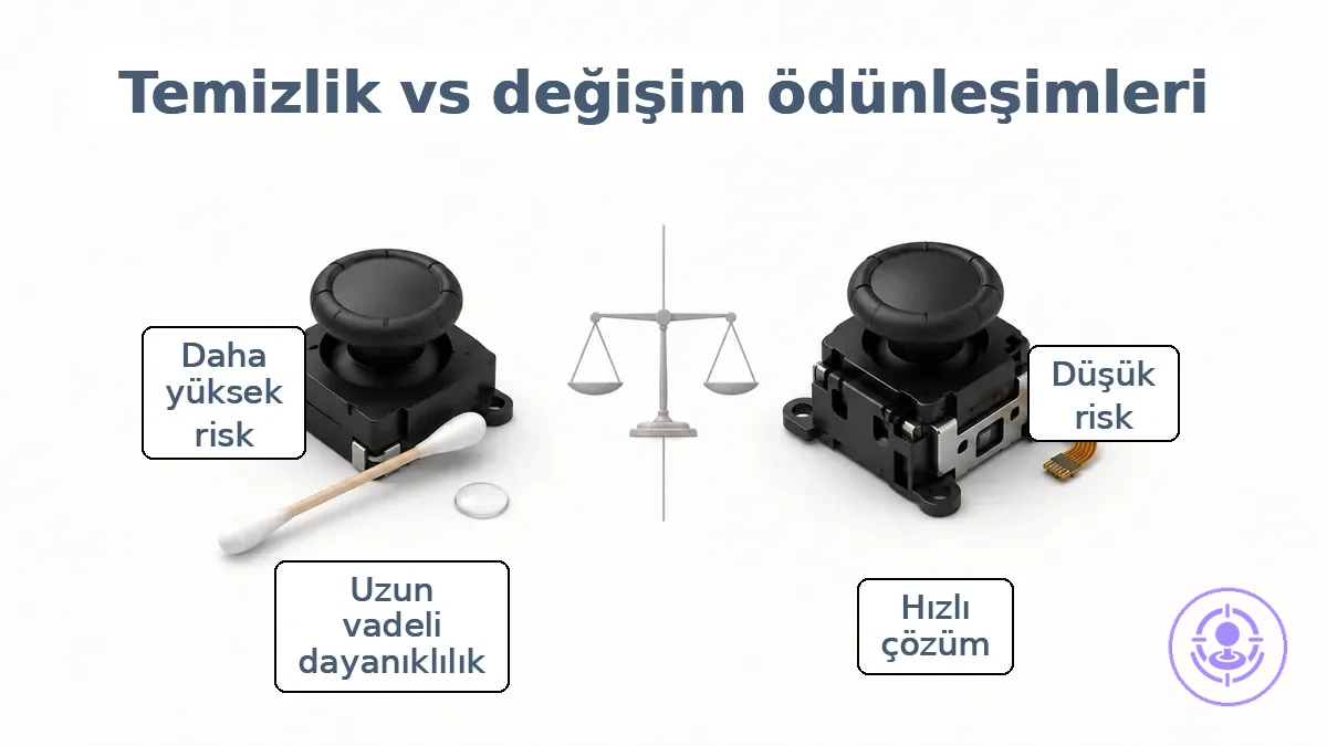 Joy-Con drift temizlik ve onarım kiti karşılaştırma grafiği: dayanıklılık, risk, zaman ve zorluk dengeleri