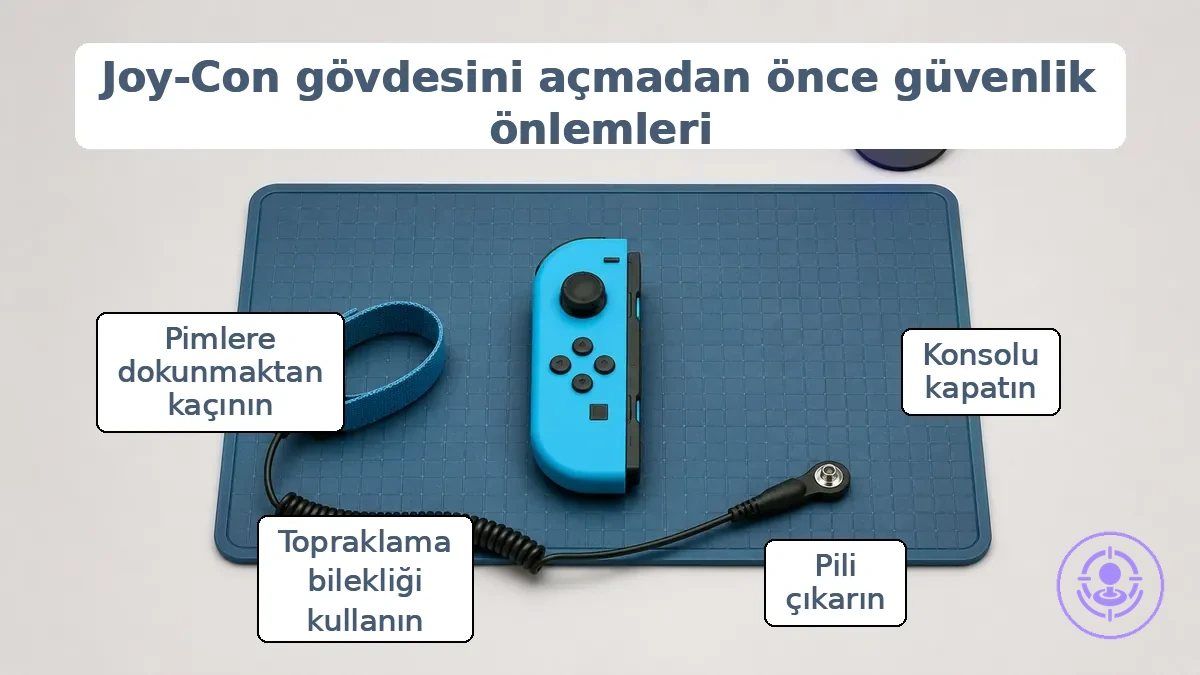 Joy-Con drift onarım hazırlığı için güvenlik kontrol öncelikleri, güç izolasyonu ve statik kontrol adımlarını gösteriyor.