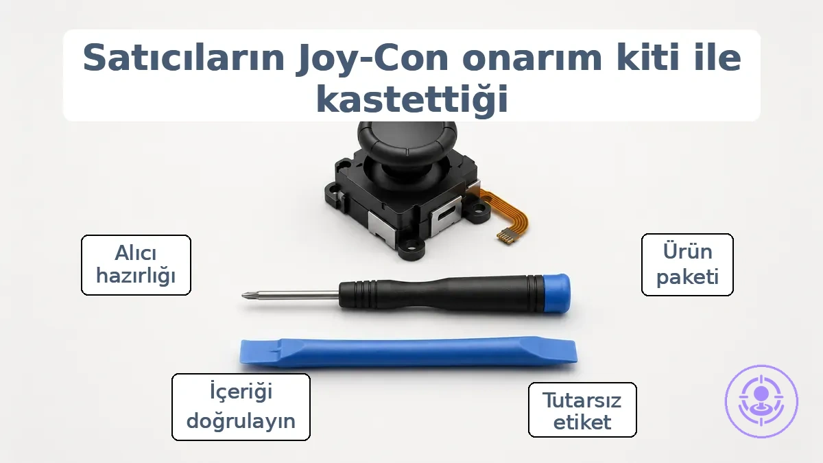 Bir Joy-Con drift onarım kitindeki tipik parçaları, aletleri ve aksesuarları gösteren diyagram