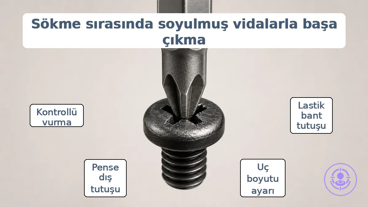 Sıyırmaya başlayan bir Joy-Con vida başı ve doğru tornavida ucu oturmasının açıklamalı örneği.