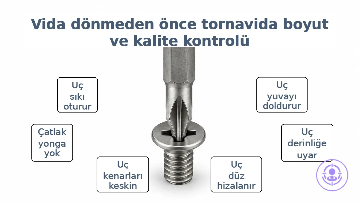 Tornavida ucunun vida başına oturmuş, doğru uyum ve hizalamayı gösteren yakın çekimi.