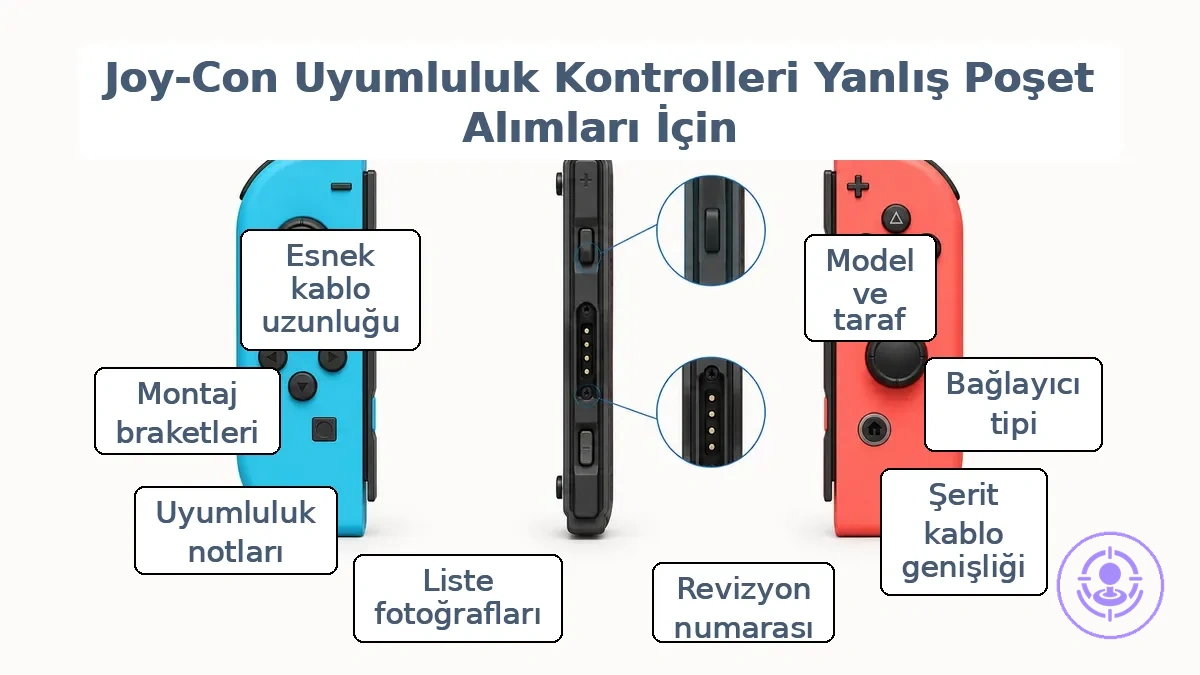 Uyum kontrolleri için taraf tanımlaması ve konnektör alanını gösteren işaretlenmiş Joy-Con