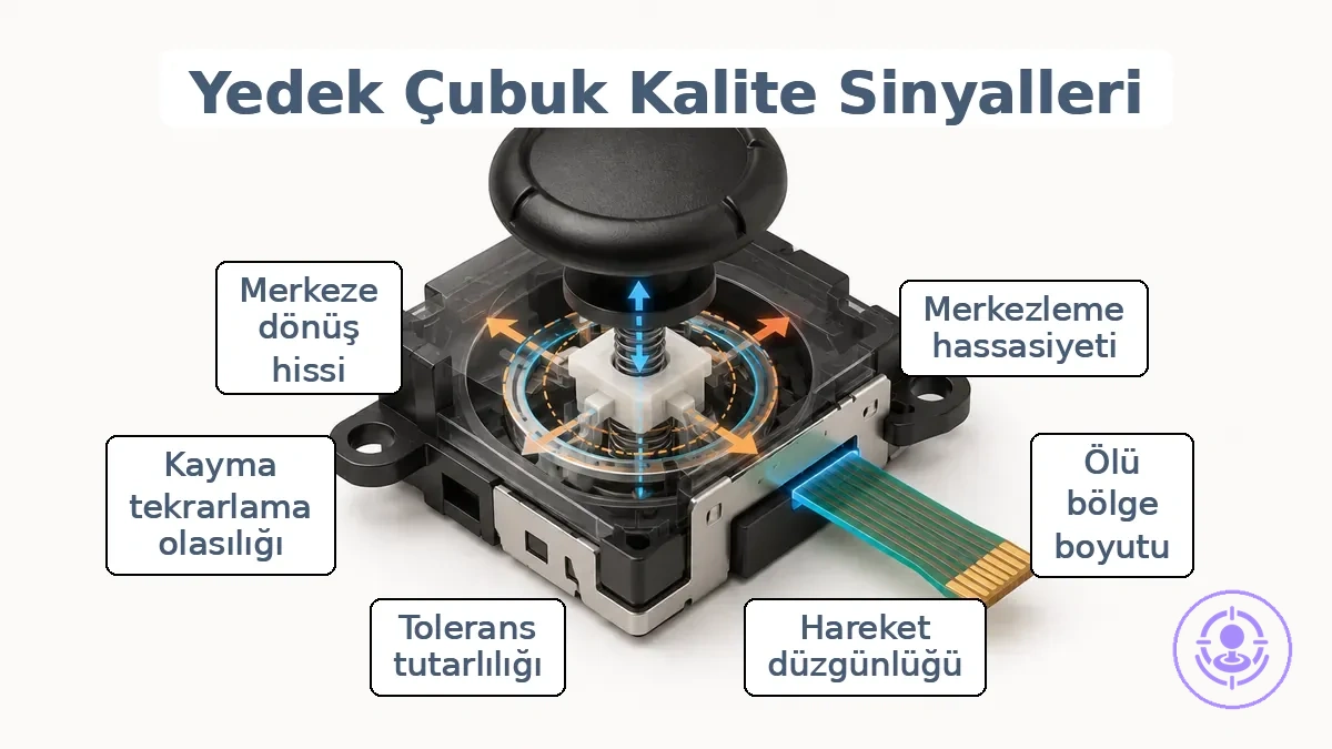 Merkezleme ve hareket ipuçlarını gösteren etiketlenmiş yedek Joy-Con joystick modülü