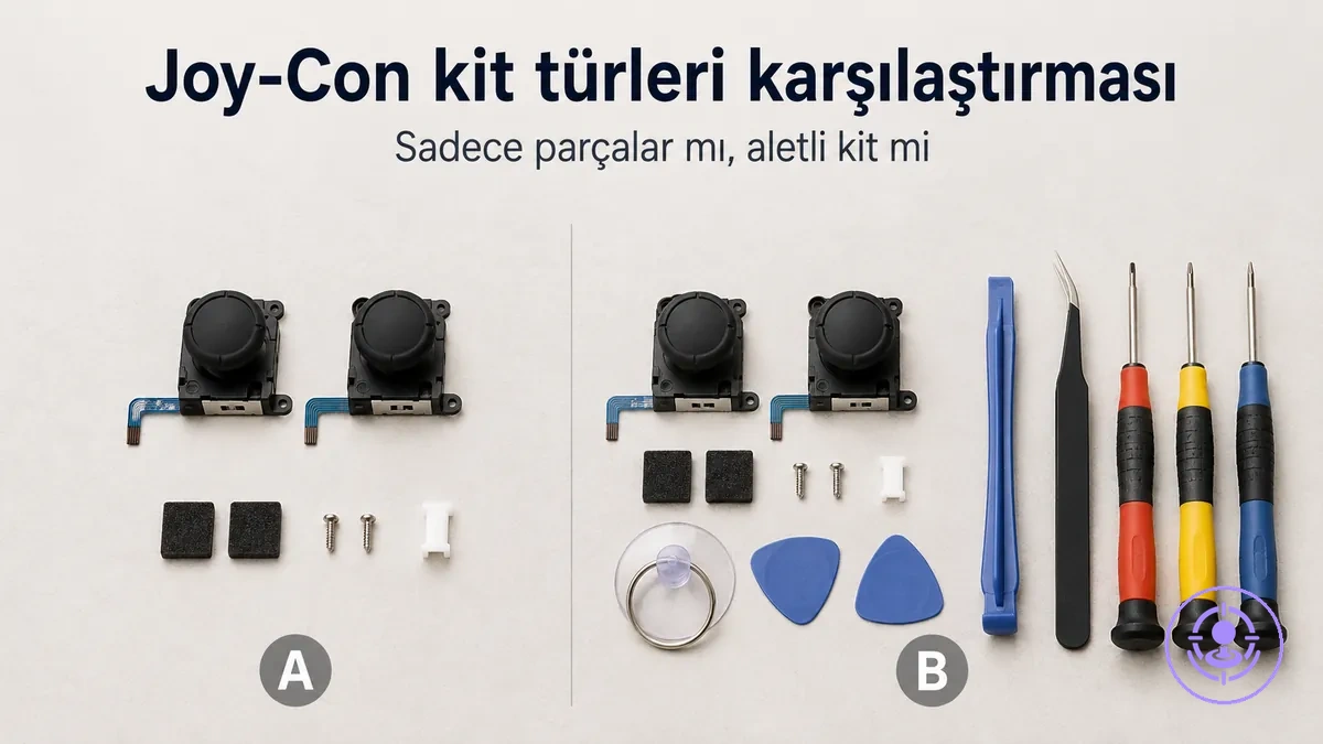 Joy-Con drift onarım kitleri; sadece parça ve aletli kit seçeneklerini karşılaştırmak için yan yana görünüm